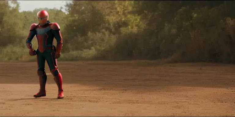 Image similar to still frame from a movie, wide shot of an relieved tom holland in a knight suit in the center, urban, rule of third, alexa 65, cooke prime 25mm, cinematic, film grain, flare