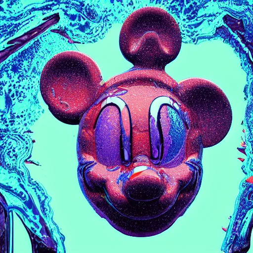 Image similar to counterfeit mickey mouse head, fractal, broken, psychedelic dystopia, fractured, melting, wet, mycelium, radiant alien, rococo, baroque, automotive, bio-mechanical, porcelain, iridescent, sub surface scattering, unreal engine 5