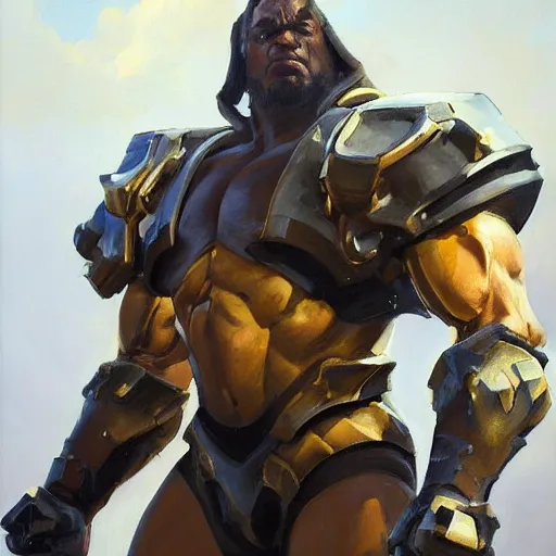 Image similar to greg manchess portrait painting of fully armored and armed the foundation aka dwayne the rock as overwatch character, medium shot, asymmetrical, profile picture, organic painting, sunny day, matte painting, bold shapes, hard edges, street art, trending on artstation, by huang guangjian, gil elvgren, ruan jia, greg rutkowski, gaston bussiere