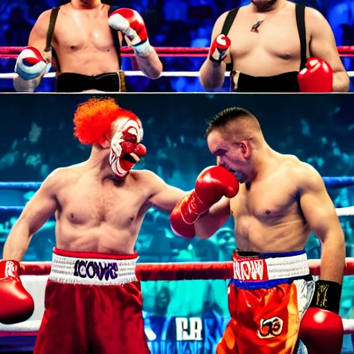 Prompt: clowns boxing matching, clown, clowns, clowns boxing, hbo showtime boxing