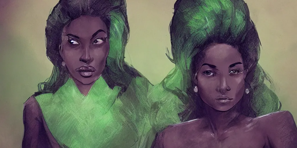 Image similar to a beautiful modern day queen, dark skin, green eyes. concept art. highlight detailed.