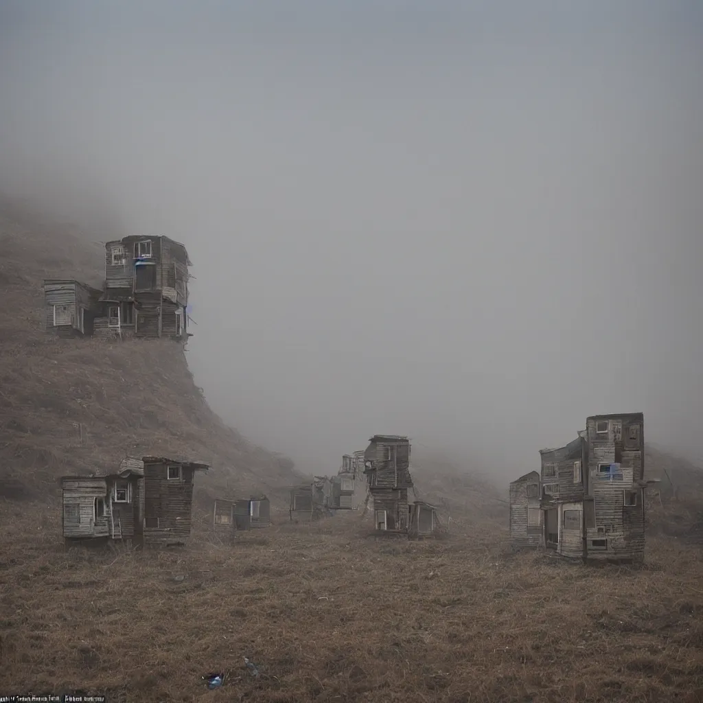 Image similar to two towers, made up of makeshift squatter shacks with pastel colours, uneven dense fog, dystopia, mamiya, f 1 1, fully frontal view, photographed by jeanette hagglund