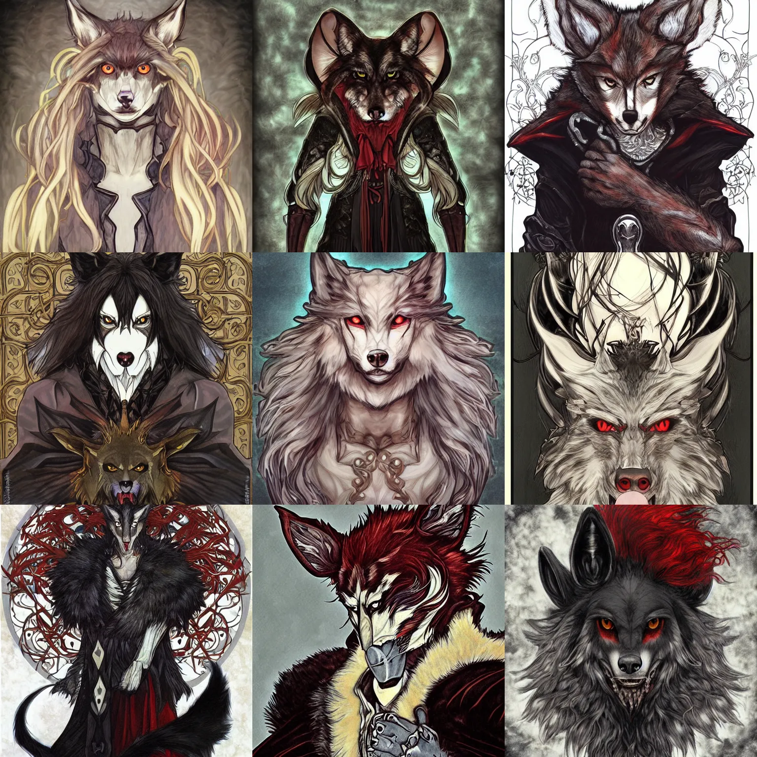 Image similar to a portrait of an anthropomorphic wolf, furry fursona, black cape, long fangs, by ayami kojima, castlevania symphony of the night, correct wolf muzzle, full body, large red eyes!!!, alphonse mucha, intricate
