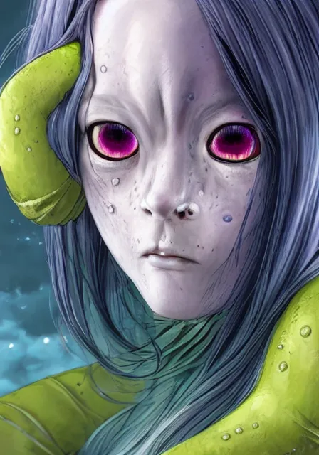 Image similar to beautiful portrait of a slime woman's face by aramaki shinji, amano yoshitaka, junji ito, tsutomu nihei, lilia alvarado, 8 k, hd