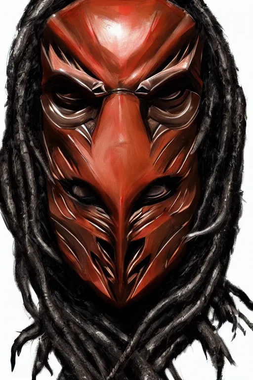 Image similar to predator 1 9 8 7 masked face redesign, portrait, highly detailed, black smooth dreads, mandables, digital painting, trending on artstation, concept art, illustration