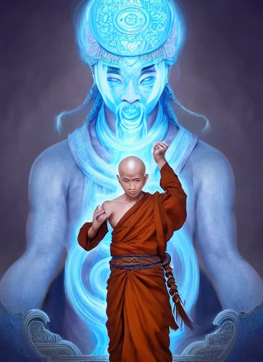 Image similar to male monk with a mongolian pigtail!!!! asian facial features and blue eyes!! intricate ornate blue robes!! character concept art, sharp focus, octane render! unreal engine 5! highly rendered!! trending on artstation!! detailed linework!! illustration by artgerm, wlop, and chie yoshii