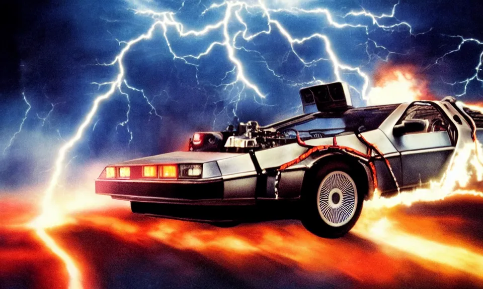 Image similar to scene from back to the future, delorean driving fast, lightning, fire, driving through portal, motion blur