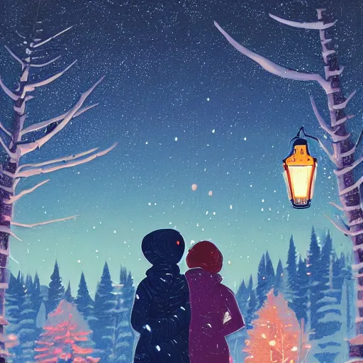 Prompt: couple in puffy jackets lit by a lantern with the milky way and conifer silhouettes behind them. by victo ngai james jean, by rossdraws, frank franzzeta, mcbess