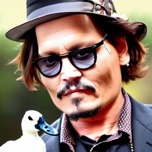 Image similar to johnny depp holding a duck up to the camera