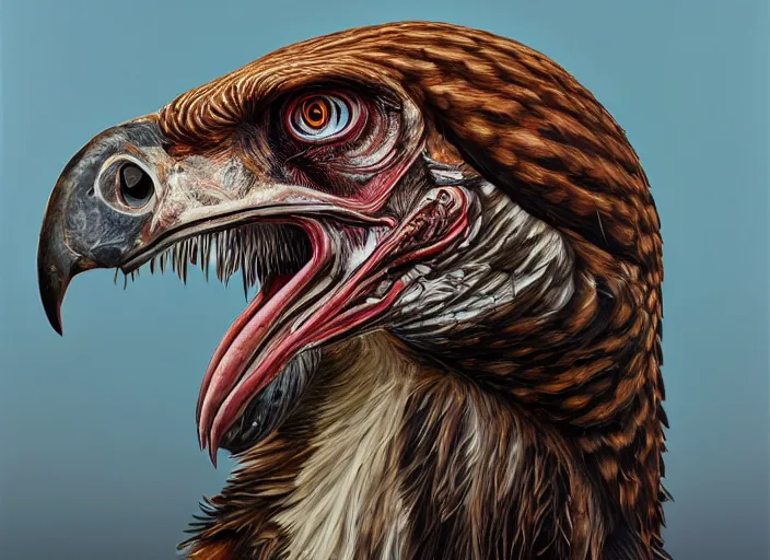 Image similar to a hyper-detailed oil portrait of a large raptor bird; an extraordinary masterpiece!!!; flawless; proud posture; photorealistic eyes; trending on artstation; f/1.4; 90mm