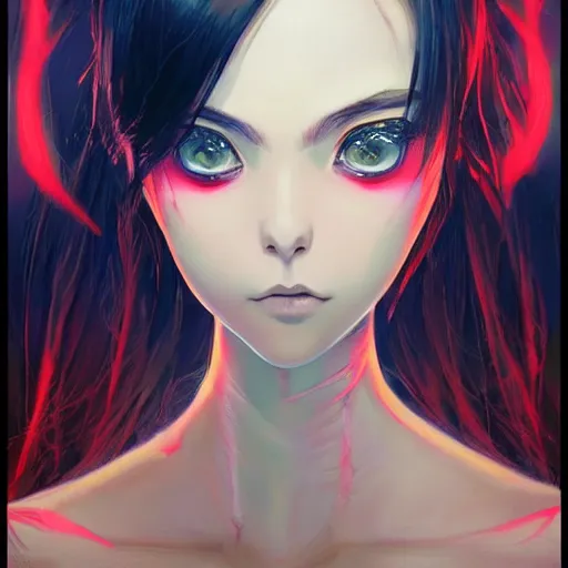 Image similar to A beautiful demon woman with big and cute eyes || VERY ANIME, fine-face, realistic shaded perfect face, fine details. Anime. realistic shaded lighting poster by Ilya Kuvshinov katsuhiro otomo ghost-in-the-shell, magali villeneuve, artgerm, Jeremy Lipkin and Michael Garmash, Rob Rey and Kentarõ Miura style, trending on art station