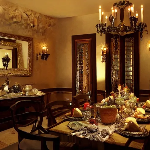 Prompt: dining room in a dark mansion, realistic, highly detailed, rests of food, candle lighting