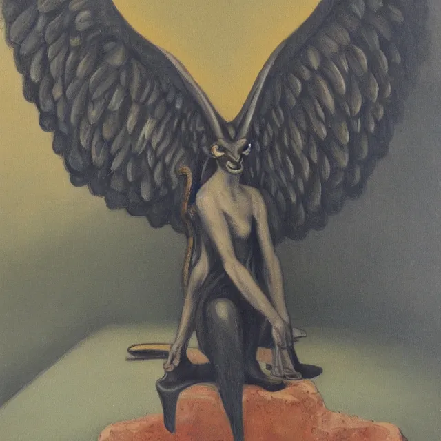 Prompt: baphomet sitting on the floor, vintage, oil painting