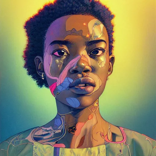 Image similar to teenage girl citizen portrait soft light painted by james jean and katsuhiro otomo and erik jones, inspired by zimbabwean afropunk anime, smooth face feature, intricate oil painting, high detail illustration, sharp high detail, manga and anime 1 9 9 9