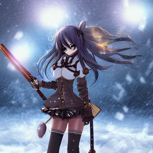 Image similar to anime girl with steampunk weapons and armor walking in a snowy tundra, snow, foggy, extremely detailed, particles, lush, moonlight, stars,