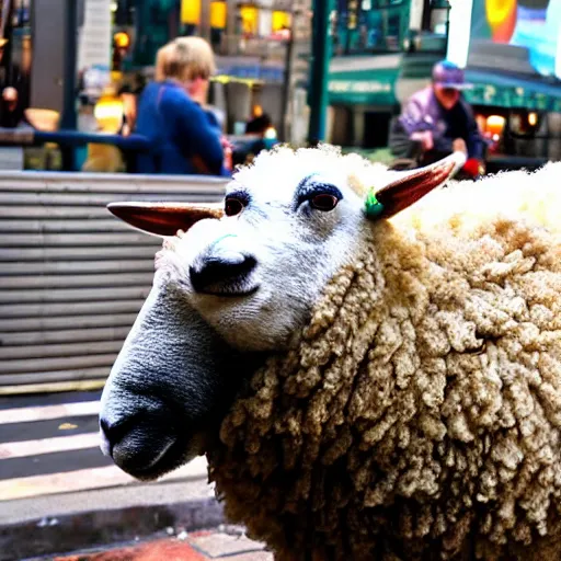 Image similar to sheep from 'Sheep in the Big City' drinking a beer. New York City.