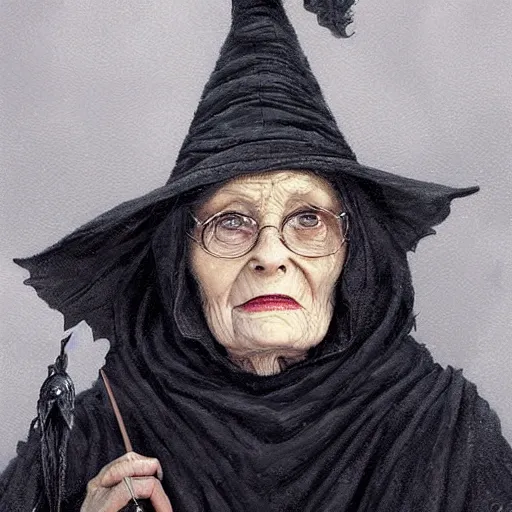 Image similar to granny weatherwax, an old lady, a witch, with a wise but piercing expression. she is dressed in a black witch hat. beautiful painting with highly detailed face by greg rutkowski and magali villanueve