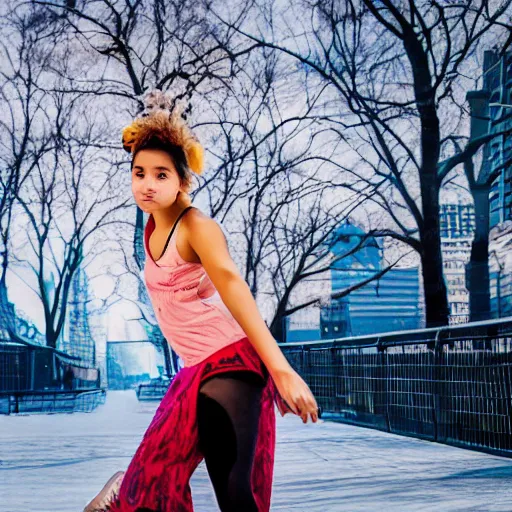 Prompt: a girl i ’ ve only seen in my dreams, beautiful, skating in new york, trippy, portrait, 4 k, 8 k, professional photograph