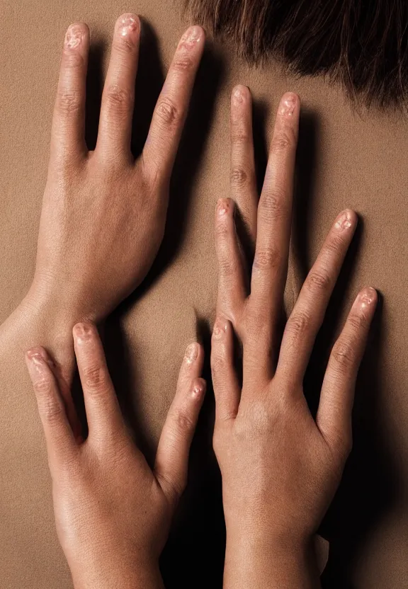 Image similar to ultra detailed photorealistic woman's hand with palm up and only 5 fingers, back of hand on the table, palm pattern visible, instagram photo, studio photo, 9 0 mm, f / 1. 4