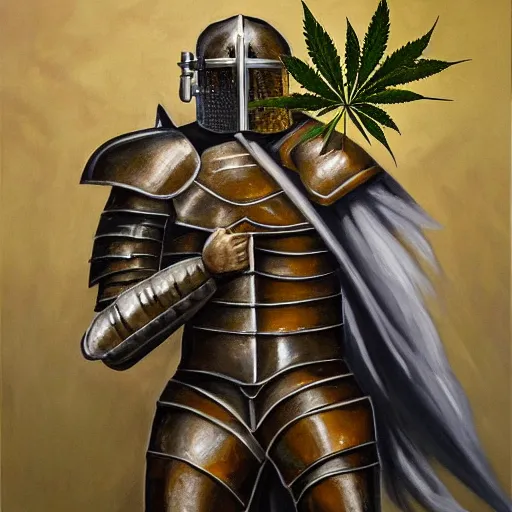 Prompt: a detaild oil painting of a full armored knight kissing a cannabis leaf