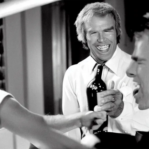 Image similar to kevin tighe laughing, as he kicks randy mantooth, who has a bottle of wine in his hand