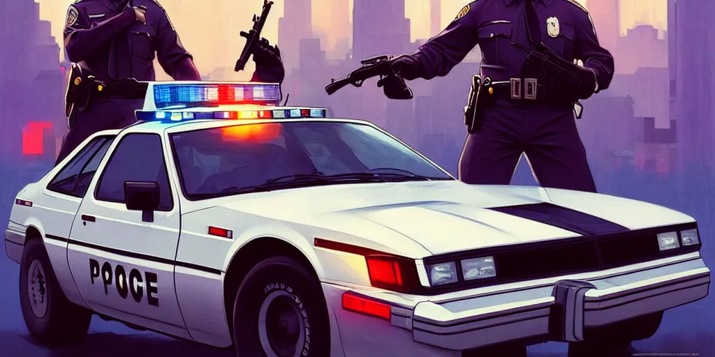 Image similar to a 1 9 8 0 s cop and cop car, highly detailed, digital painting, artstation, concept art, matte, sharp focus, illustration, art by artgerm and greg rutkowski and alphonse mucha