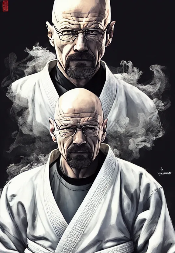 Image similar to serene Concept art of grandmaster walter white wearing a white martial artist gi, bald head and white beard, surrounded by white smoke, smoky, by Chen Uen, art by Yoji Shinkawa, 4k