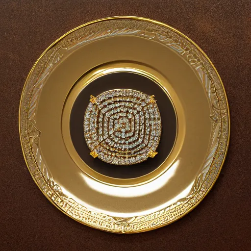 Prompt: a plate with diamonds and gold, photo studio