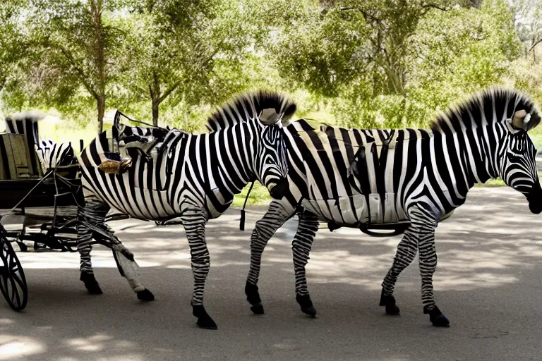 Prompt: a zebra horse carriage