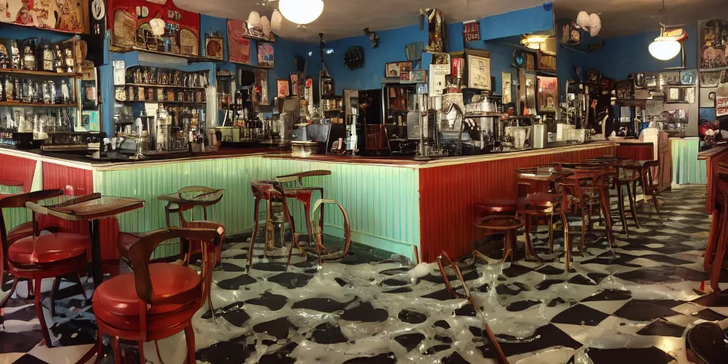 Image similar to inside an old fashioned ice cream parlor. a leaking case of melting ice cream cases is behind the bar. the leak has made a puddle on the floor, and the puddle is reminiscent to the shape of werewolf fangs. there is an eerie voluminous blue electric glow.