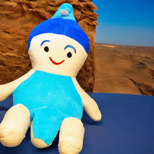 Image similar to blue'snappy gifts'human - sized plush doll, in the desert, holding gift, happy atmosphere, high detail, 8 k