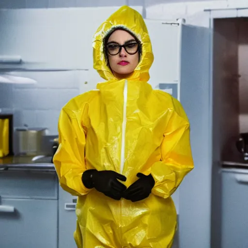 Prompt: veronica lodge cooking meth in a yellow hazmat suit, still from breaking bad