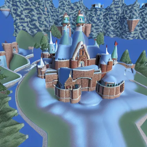 Prompt: 3D Mario 64 castle aerial view, 4k, 80% snow