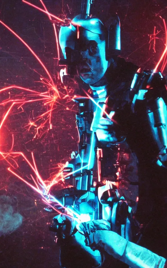 Image similar to Pope shooting bright lasers with his hands, 80s, science fiction, cyberpunk, neon, low angle shot, cross, pope, movie poster, futuristic