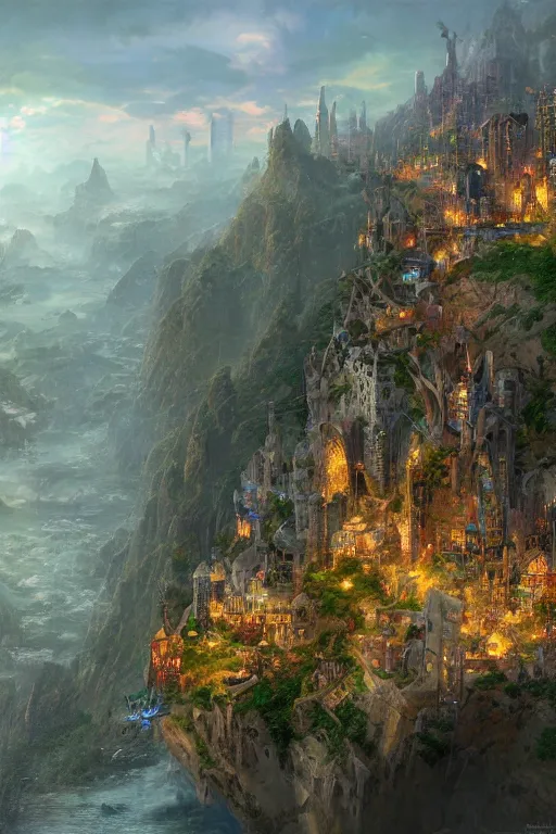 Prompt: fantasy metropolis of tall towers at the top of a cliff looking over a river, by Marc Simonetti and Thomas Kinkade, matte painting, concept art, trending on artstation, HD