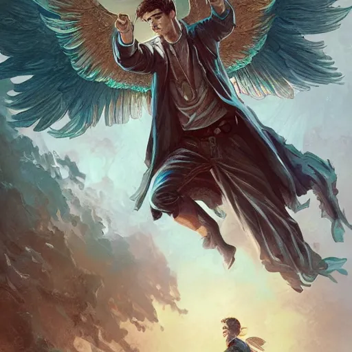 Image similar to angel protecting man, detailed intricate ink illustration, happy atmosphere, detailed illustration, hd, 4k, digital art, overdetailed art, by greg rutkowski, by loish, complementing colors, Trending on artstation, movie poster style