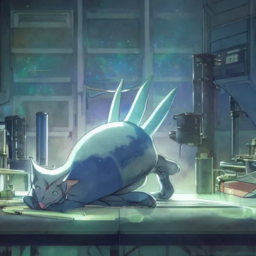 Image similar to an anime alien space cat sleeping on a mechanics workbench in a spaceport in a musical fantasy space opera ghibli animated film, volumetric lighting, octane render by stanley artgerm lau, greg rutkowski, studio ghibli, alphonse mucha, loish, norman rockwel, highly detailed, warm lighting, lens flare - w 7 0 4