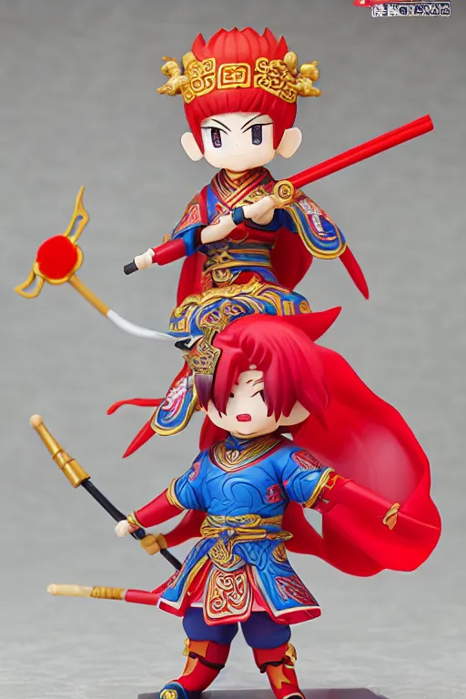 Image similar to arty chinese mythology ne zha nendoroid full body hyperdetalied, hero pose, osamu tezuka, macoto takahashi, chibi, q posket, 8 k realistic, 3 d, cryengine, exquisite, red cloth around his shoulders, hold spear, ne zha ( 2 0 1 9 ), fenghua zhong,