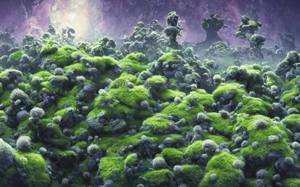 Prompt: a beautiful macro photography of green moss lichens anemones with alien fungus, hyper detailed, warm volumetric lights , made by Gerald Brom and Mike Winkelmann, 8K HD trending on art station