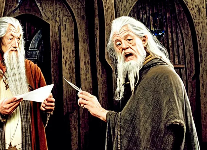 Prompt: gandalf and frodo in bag end, gandalf is holding an envelope above his head, bag end in the style of h. r. giger, image from a movie