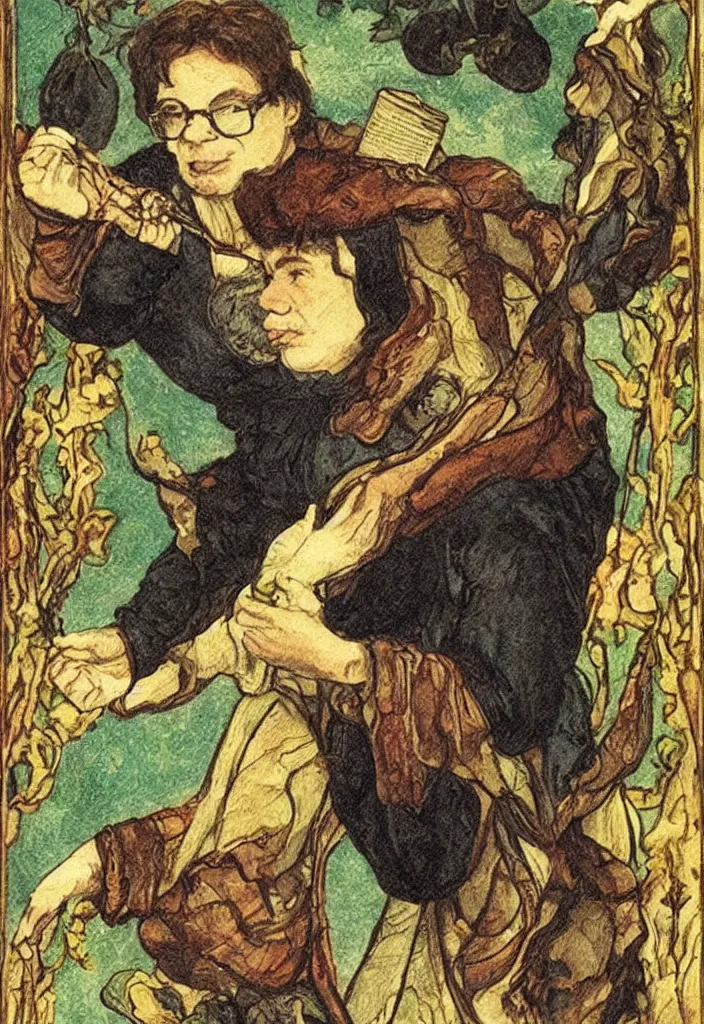 Image similar to Yann LeCun smiling on the Rider–Waite tarot. Illustration by preraphaelists.