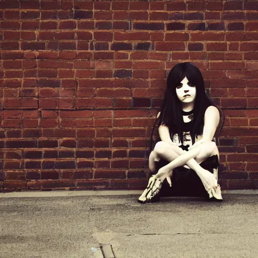 Image similar to a photograph of an emo goth girl sitting on a brick wall on a hot day, 2006, black hair, English, depth of field