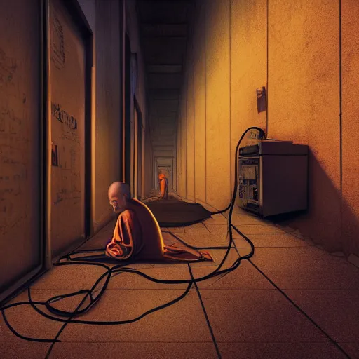 Image similar to a single monk kneeling with wires connecting him to a computer, nirvana, machines and wires everywhere, flashing neon lights, creepy, dark shadowy surroundings, dystopian scifi, horror, stefan koidl inspired, 4 k