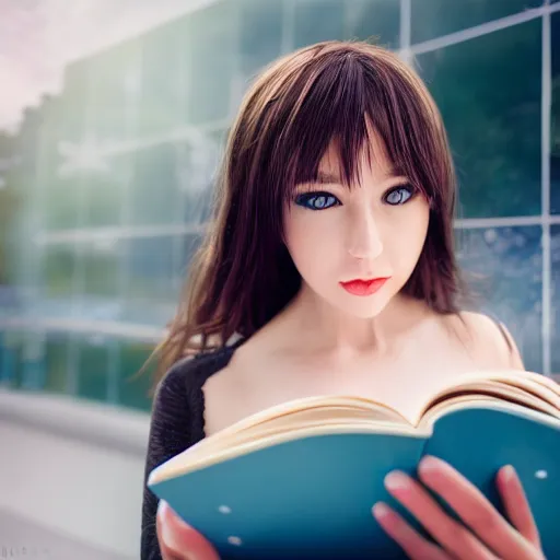 Image similar to a girl reading a book, modelsociety, radiant skin, huge anime eyes, RTX on, perfect face, intricate, Sony a7R IV, symmetric balance, polarizing filter, Photolab, Lightroom, 4K, Dolby Vision, Photography Award