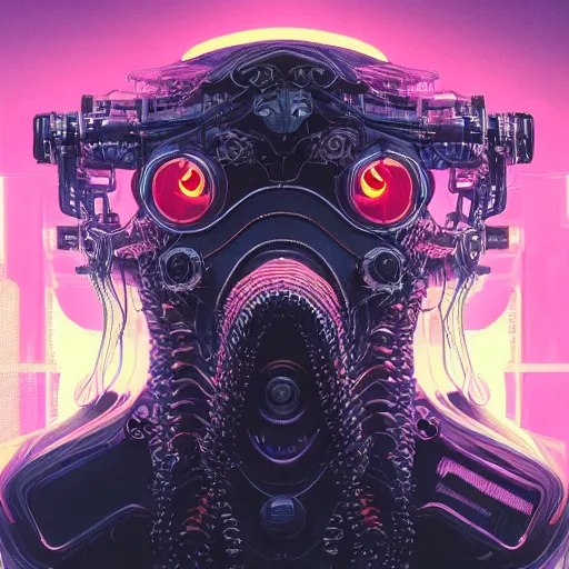 Image similar to portrait of a squid monster. intricate abstract. cyberpunk, intricate artwork. neon eyes, by Tooth Wu, wlop, beeple. octane render, trending on artstation, greg rutkowski very coherent symmetrical artwork. cinematic, hyper realism, high detail, octane render, 8k, minimalistic, hyperrealistic surrealism, award winning masterpiece with incredible details, a surreal vaporwave liminal space, highly detailed, trending on ArtStation