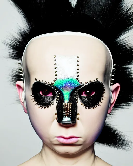 Prompt: symmetrical portrait of a biomechanical cyborg wearing a silicone steel spikes studded iridescent beauty mask and neon hair buns, wearing a black bodysuit by alexander mcqueen, cream white background, soft diffused light, biotechnology, humanoid robot, bjork aesthetic, translucent, by rineke dijkstra, intricate details, highly detailed, masterpiece,