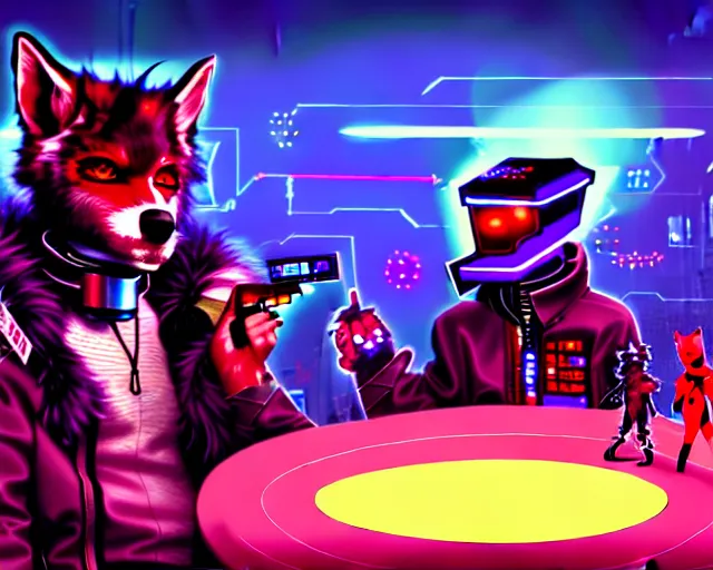 Image similar to high - resolution photograph from a cyberpunk era furry fandom convention ( midwest furfest 2 0 4 7 ), taking place after the genetic revolution and quantum singularity. photorealistic.