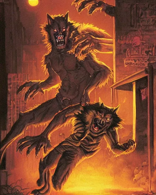 Prompt: a werewolf fighting a vampire in a dark brisbane alley, hd concept art by ron spencer and jean giraud and richard borden.