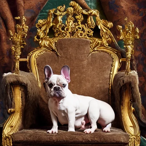 Image similar to 8k highly detailed photo by David Bailey of A French Bulldog Louis XIV, decadent throne room, the other animals prostrate themselves before the throne, French architecture