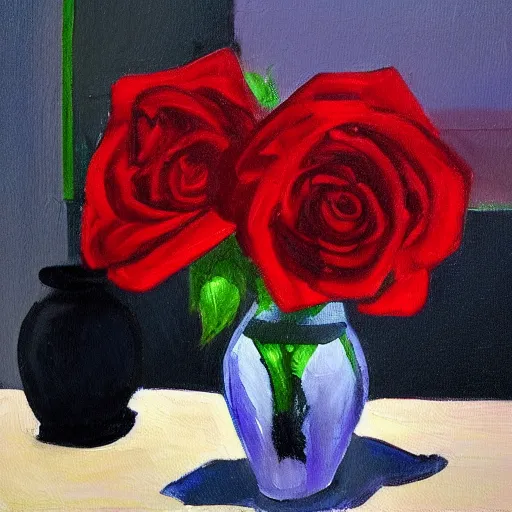 Image similar to A painting of a windowsill with two vases. One vase containing a red rose. And the other vase containing a blue violet. The natural light from the window would be shining in on the scene. Trending on artstation